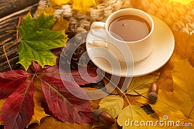Autumn, fall leaves, a hot cup of coffee and a warm scarf on the background of a wooden table. Seasonal, morning coffee, Sunday re Stock Photo