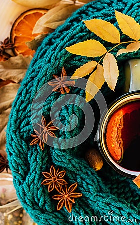 Autumn, fall leaves, hot steaming cup of glint wine Stock Photo