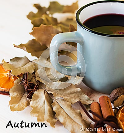 Autumn, fall leaves, hot steaming cup of glint wine Stock Photo