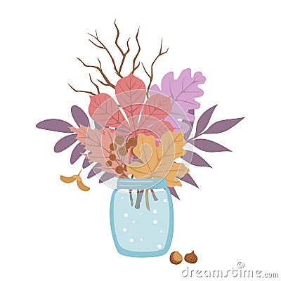 Autumn fall leaves twigs arrangement in jar Vector Illustration