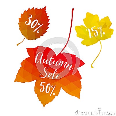 Autumn fall sale, polygonal maple leaves, discount tags, elements. Seasonal promotion concept. Modern design. Vector Illustration