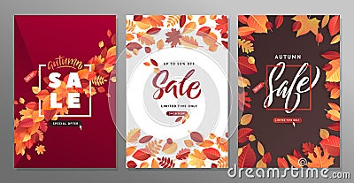 Autumn Fall Season Sale Banner Set. Colorful fall leaves and advertising discount text. Vector background design Vector Illustration