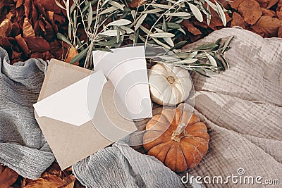 Autumn, fall stationery mockup scene. Blank greeting cards, invitation, craft paper envelope, olive branches, pumpkins Stock Photo