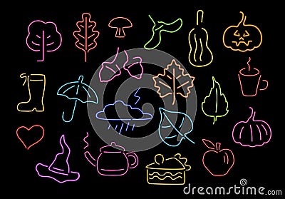 Autumn fall thanksgiving colorful neon signs elements Vector Illustration