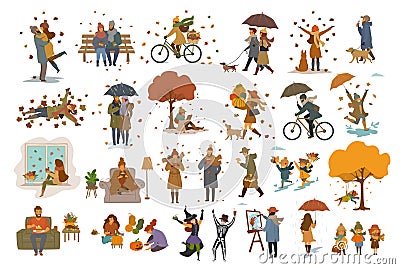 Autumn fall thanksgiving Halloween people outdoor and at home cartoon vector illustration set Vector Illustration