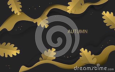 Autumn fall thanksgiving season gold and black colored banner with paper art style oak leaves Vector Illustration