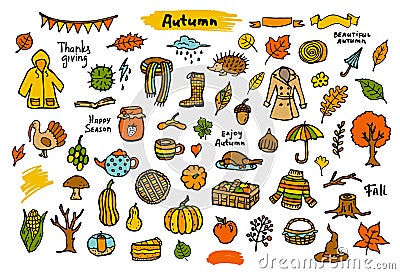 Autumn fall thanksgiving seasonal colorful objects, Vector Illustration