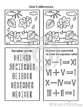 Autumn or fall themed puzzle page with 3 puzzles: find differences; decipher coded words; roman numerals. Black and white. Letter Vector Illustration