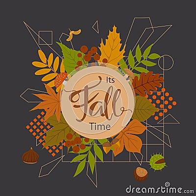 Autumn fall time park forest leaves arrangement with geometric elements on black background Vector Illustration