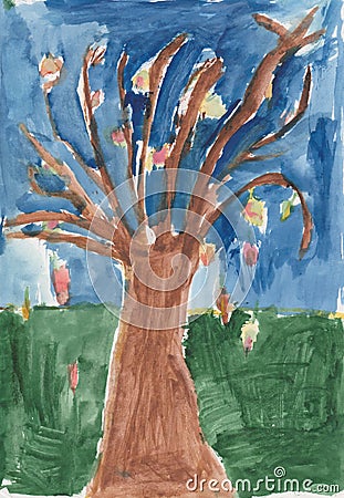 Autumn or Fall Tree Watercolor Children`s Artwork Stock Photo
