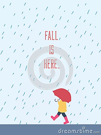 Autumn of fall vector illustration of a child walking in rain with umbrella, raincoat and rubber boots. Seasonal poster Vector Illustration