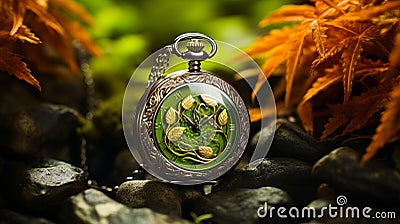 Autumn Fantasy Pocket Watch With Peridot Stone Stock Photo