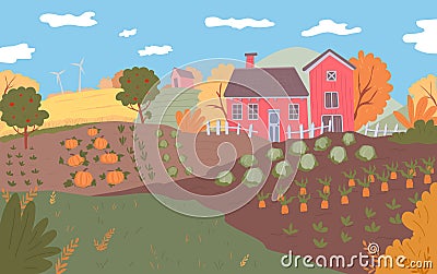 Autumn farm landscape. Field crops, nature, harvest season. Vector Illustration