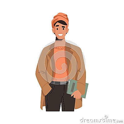 Autumn fashion look, man in raincoat and hat, book Vector Illustration
