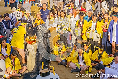Autumn festival dance of hair lion in Oshio Tenman-gu Shrine Editorial Stock Photo