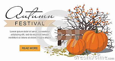 Autumn festival web banner. Pumpkins next to the berry Bush. Vector Illustration