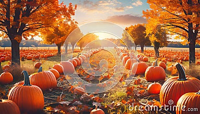 autumn field full of pumpkins Stock Photo