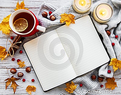 Autumn flatlay on wooden backdrop Stock Photo
