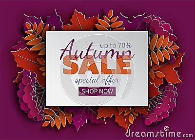 Autumn floral sale banner with paper cut frame, tree maple leaf Vector Illustration