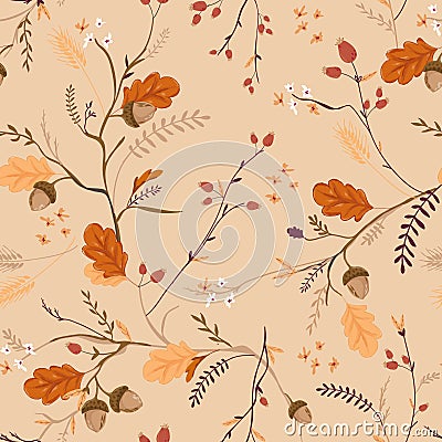 Autumn Floral Seamless Pattern with Acorns, Leaves and Flowers. Fall Vintage Nature Background for Textile, Wallpaper Vector Illustration