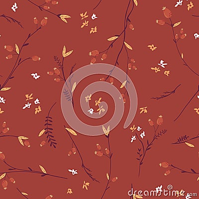 Autumn Floral Seamless Pattern with Leaves and Flowers. Fall Vintage Nature Background for Textile, Wallpaper, Print Vector Illustration