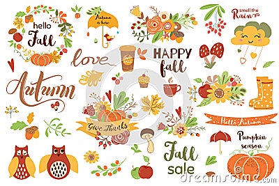 Autumn floral set. Colorful floral elements for fall floral clipart Flowers owl pumpkin apple floral bouquet vector Cartoon Illustration