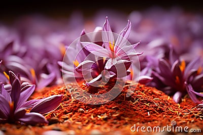 Autumn-flowering Saffron crocus. Generative AI Stock Photo