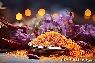 Autumn-flowering Saffron crocus. Generative AI Stock Photo