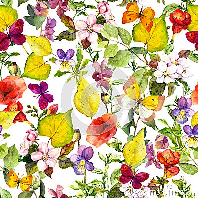 Autumn flowers, butterflies. Ditsy repeating floral pattern. Watercolor Stock Photo