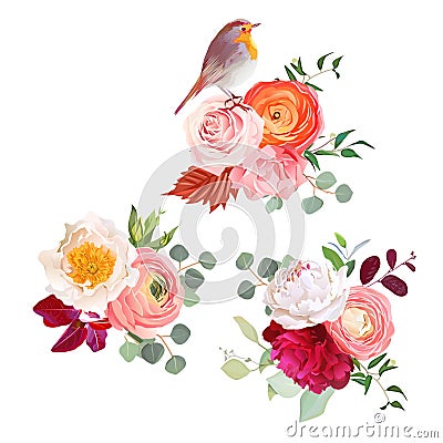 Autumn flowers mix and cute robin bird vector design bouquets Vector Illustration