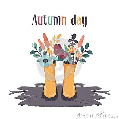 Autumn Flowers in rubber wellies. Hand drawn doodle floral elements in yellow shoes. Fall bouquets, leaves, nature season. Vector Vector Illustration