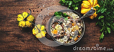 Autumn food. Warming soup with pumpkin, mushrooms, vegetables, beef and barley. Rustic wood table background, top view banner Stock Photo