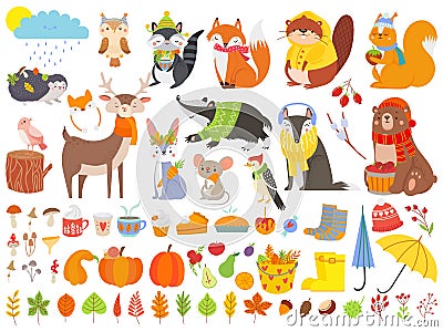 Autumn forest animals. Fall squirrel, funny bear and cute autumnal fox. Fallen leaves cartoon vector set Vector Illustration