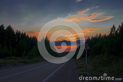 Autumn forest with country road at sunset. Colorful landscape with trees, rural road, sun in fall Stock Photo