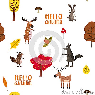 Autumn forest cute animals seamless pattern with Hello Autumn lettering trees leaves trendy flat cartoon style Vector Illustration