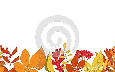 Autumn forest leaves and berries horizontal seamless border frame Vector Illustration