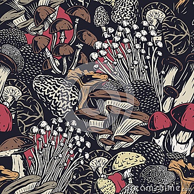 Autumn forest mushroom set and seamless pattern Vector Illustration