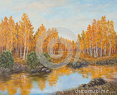 Autumn forest near the river, orange leaves. Original oil painting on canvas. Stock Photo