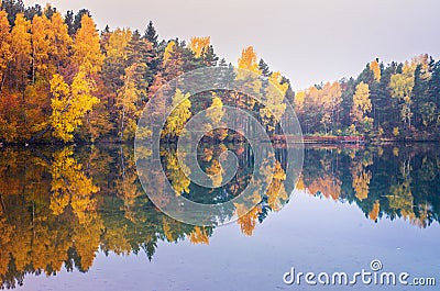 Autumn forest reflected on lake Stock Photo