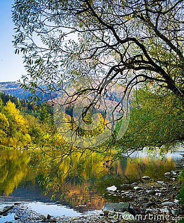 Autumn forest and sky and mountains and river Stock Photo