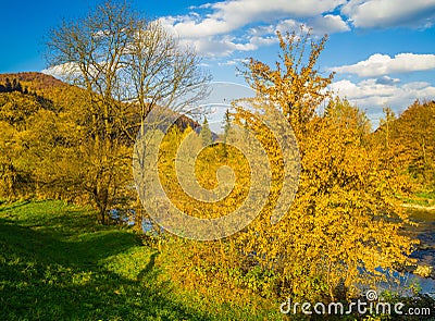 Autumn forest and sky and mountains and river Stock Photo