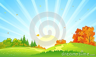 Autumn forest sunrise landscape Vector Illustration