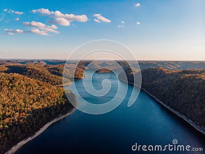 Autumn forests bridge and river overlook by drone DJI mavic mini Stock Photo