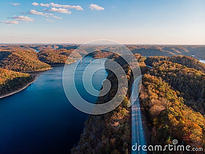 Autumn forests bridge and river overlook by drone DJI mavic mini Stock Photo