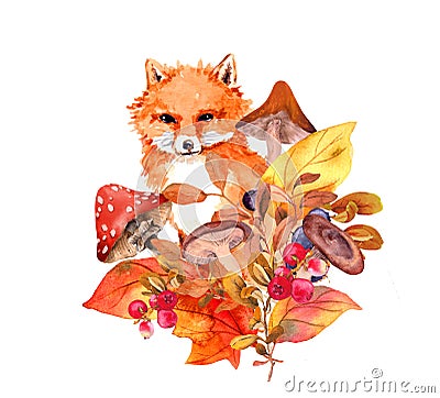 Autumn fox in fall, mushrooms, forest plants, autumn yellow leaves. Fall bouquet and cute animal design. Watercolor Cartoon Illustration