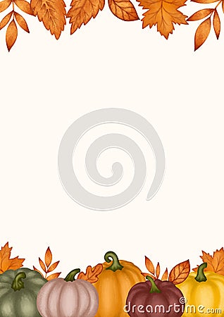 Autumn frame blank pumpkins and leaves, thanksgiving card empty vertical template Vector Illustration