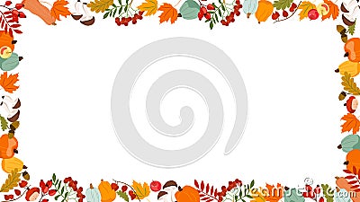 Autumn frame floral red yellow leaves and acorns Fall horizontal banner with cute hand drawn colourful pumpkins apples Vector Illustration