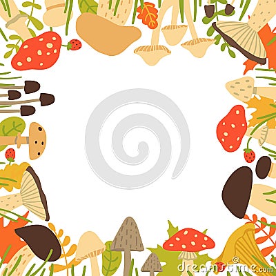 Autumn frame of forest mushrooms, berries and leaves isolated on white background. Vector illustration in cartoon style Cartoon Illustration