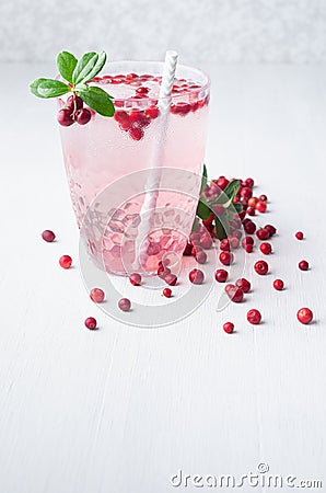 Autumn fresh fruit drink with red lingonberry, ice and straws in sunbeam on white wooden table, copy space, vertical. Stock Photo