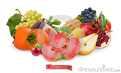 Autumn fruits and berries. Pear, pink apple, white sweet grape and wine grape, fig, goji berry, persimmon fruit, pomegranate Vector Illustration
